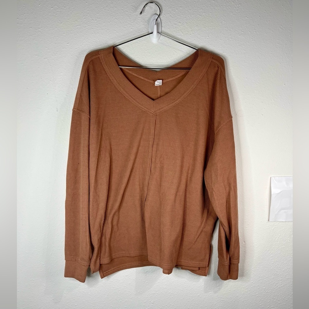 Anrabess Women’s Brown Ribbed V-Neck Sweater Size Large Oversized Casual Knit